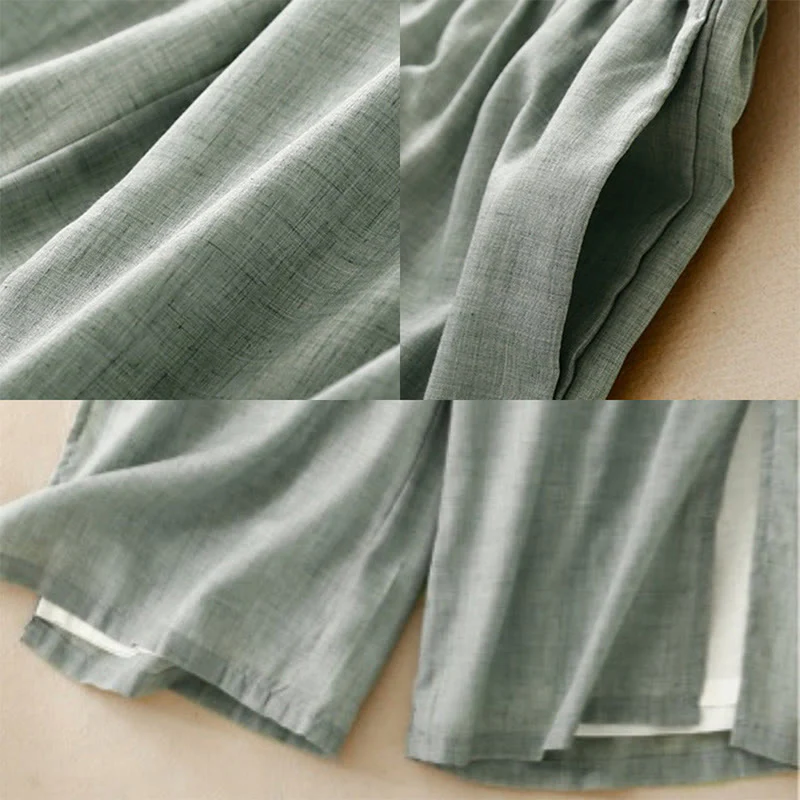 Pantaloni larghi da donna in cotone e lino con bottoni cinesi, tinta unita , Buddha Stones - Image 20