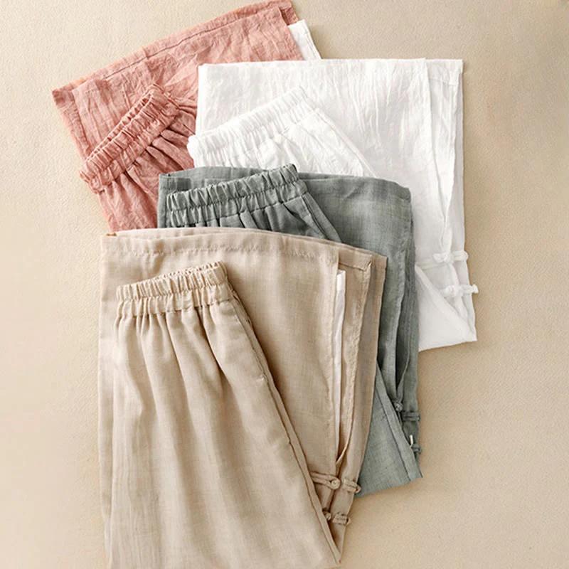 Pantaloni larghi da donna in cotone e lino con bottoni cinesi, tinta unita , Buddha Stones - Image 21