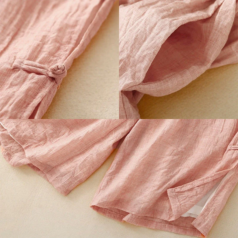 Pantaloni larghi da donna in cotone e lino con bottoni cinesi, tinta unita , Buddha Stones - Image 3