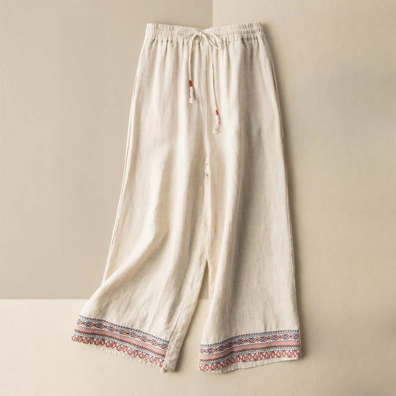 Pantaloni larghi da donna in cotone e lino con coulisse, motivo bohémien con ricamo casual Buddha Stones e tasche