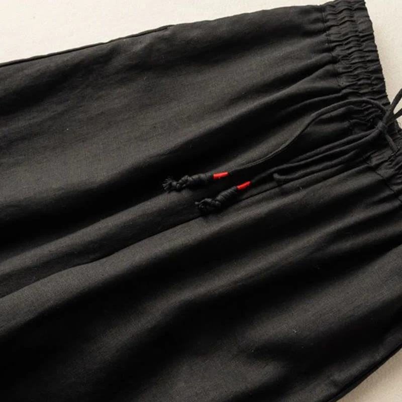 Pantaloni larghi da donna in cotone e lino con coulisse, motivo bohémien con ricamo casual Buddha Stones e tasche - Image 10