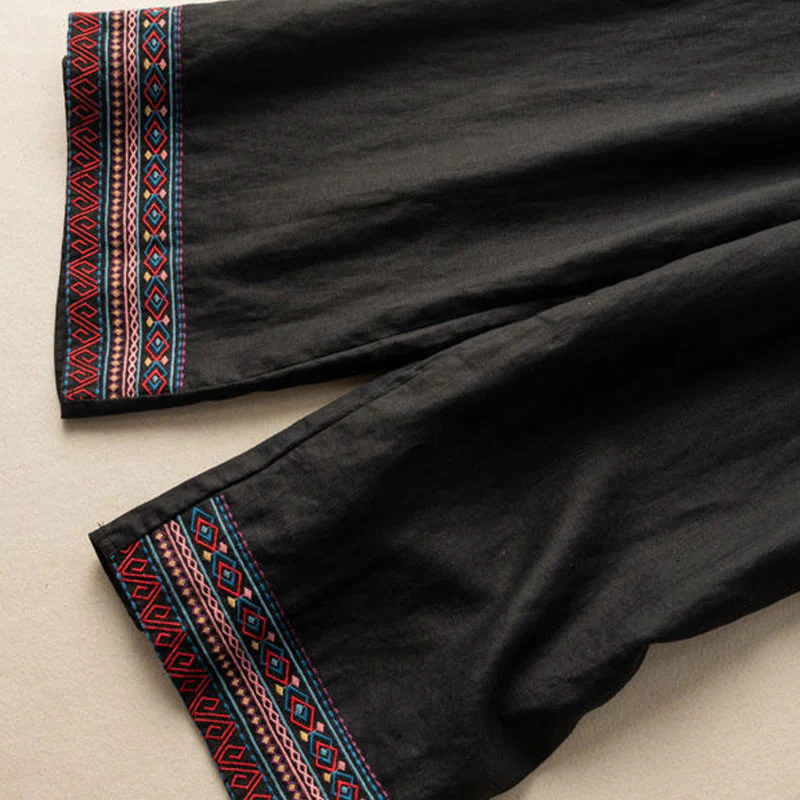 Pantaloni larghi da donna in cotone e lino con coulisse, motivo bohémien con ricamo casual Buddha Stones e tasche - Image 11