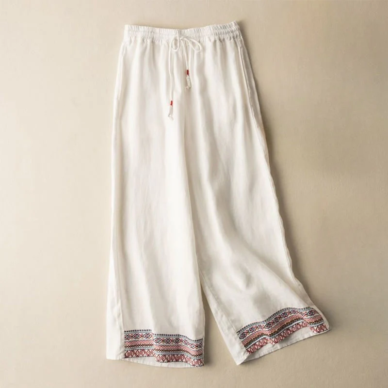 Pantaloni larghi da donna in cotone e lino con coulisse, motivo bohémien con ricamo casual Buddha Stones e tasche - Image 13