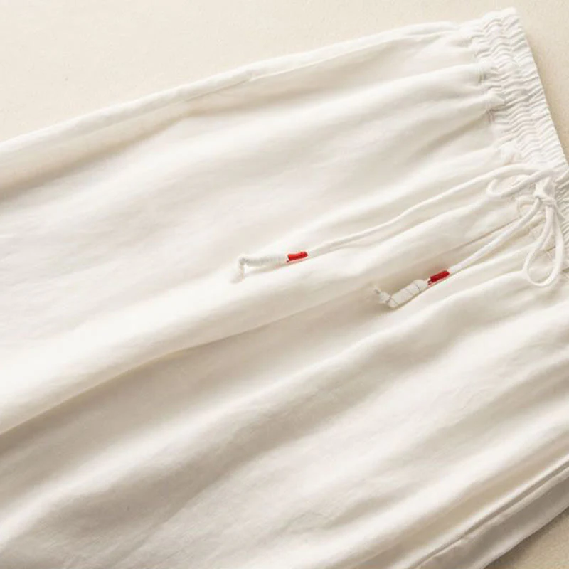 Pantaloni larghi da donna in cotone e lino con coulisse, motivo bohémien con ricamo casual Buddha Stones e tasche - Image 14