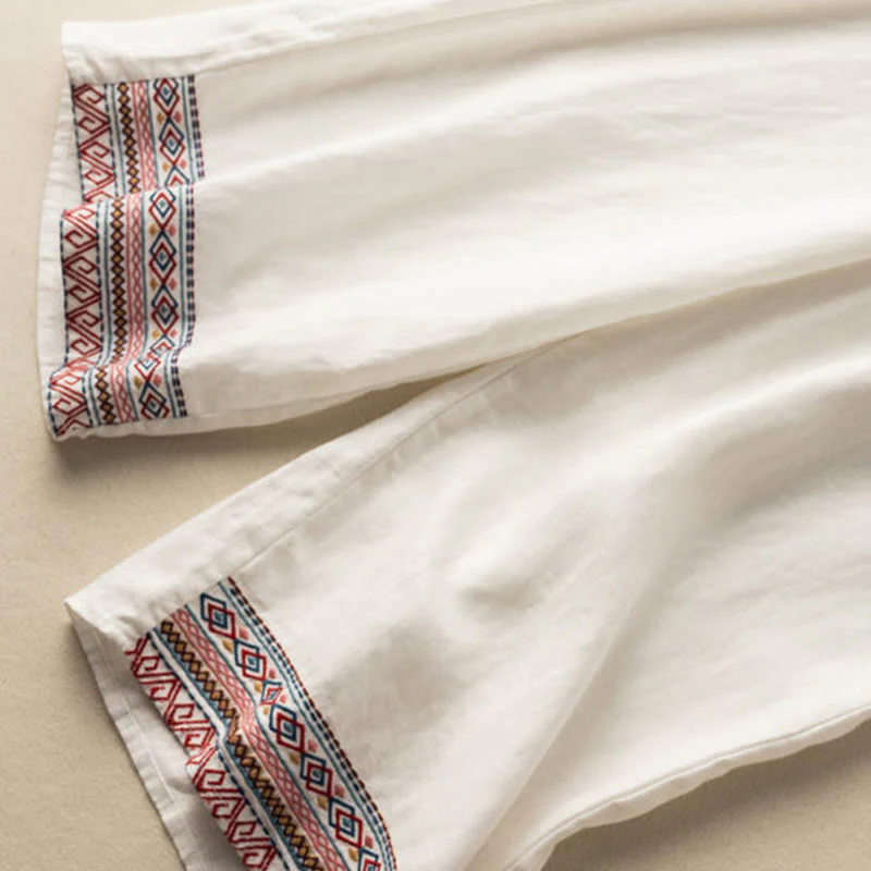 Pantaloni larghi da donna in cotone e lino con coulisse, motivo bohémien con ricamo casual Buddha Stones e tasche - Image 15