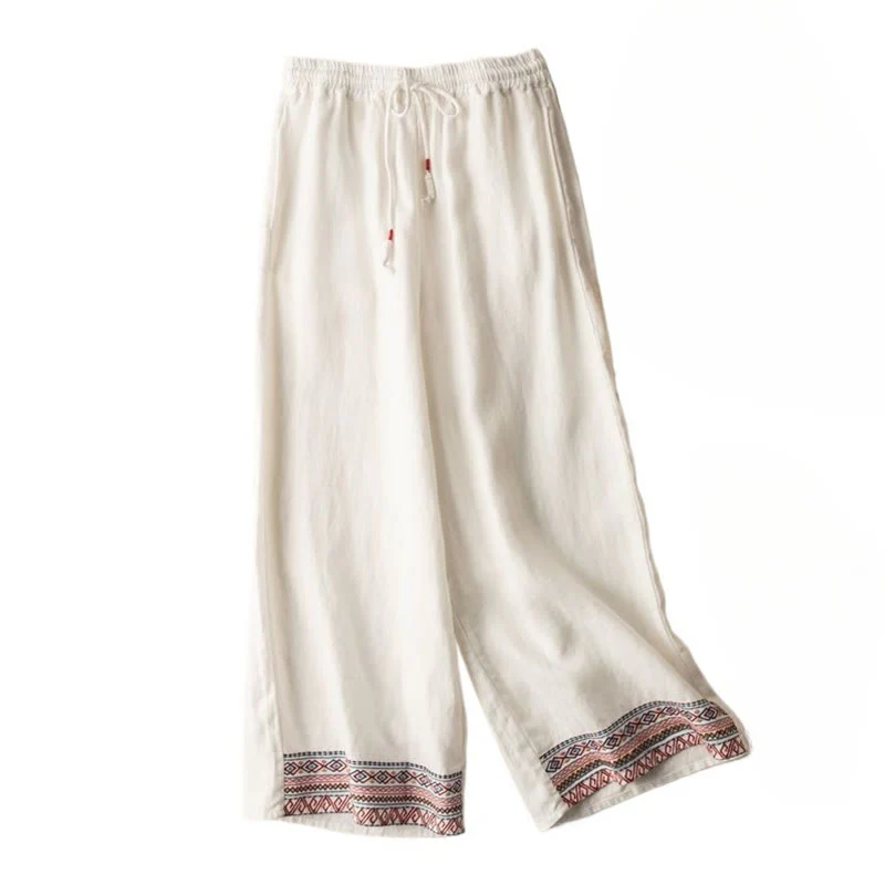 Pantaloni larghi da donna in cotone e lino con coulisse, motivo bohémien con ricamo casual Buddha Stones e tasche - Image 17