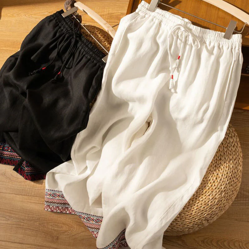 Pantaloni larghi da donna in cotone e lino con coulisse, motivo bohémien con ricamo casual Buddha Stones e tasche - Image 18