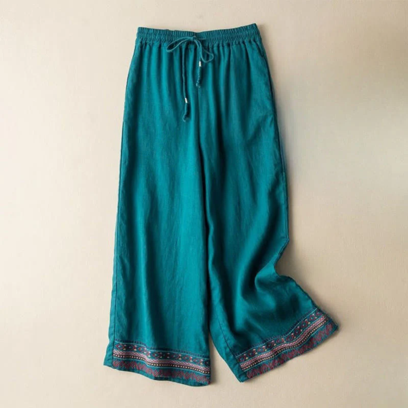 Pantaloni larghi da donna in cotone e lino con coulisse, motivo bohémien con ricamo casual Buddha Stones e tasche - Image 6
