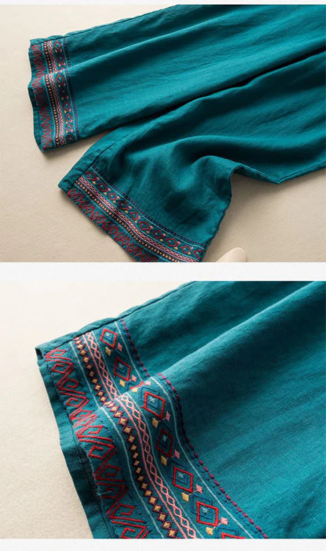 Pantaloni larghi da donna in cotone e lino con coulisse, motivo bohémien con ricamo casual Buddha Stones e tasche - Image 8