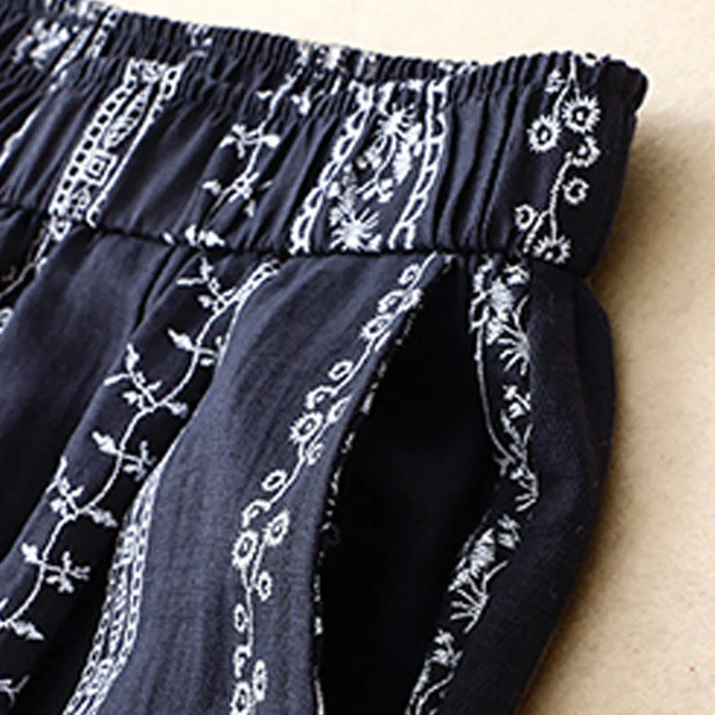 Pantaloni larghi da donna in cotone e lino con stampa verticale Buddha Stones e tasche - Image 2