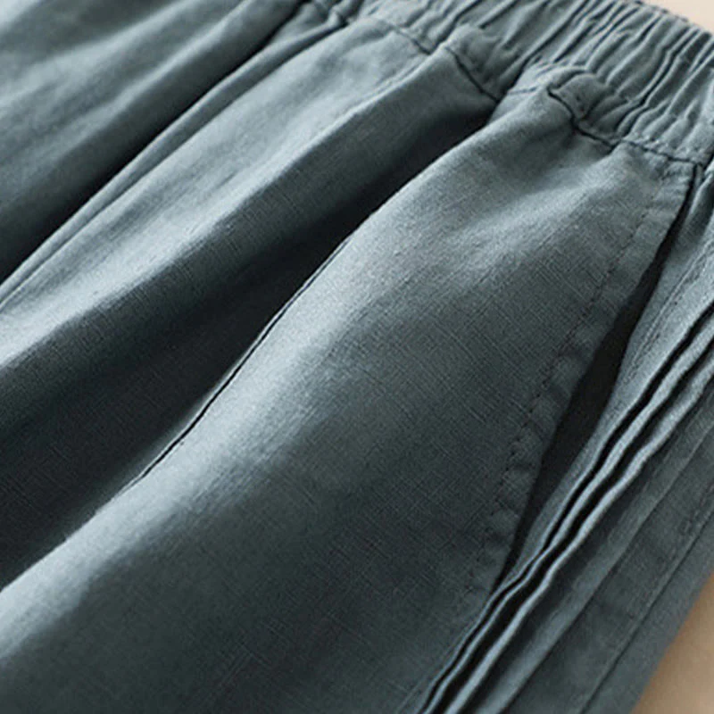 Pantaloni larghi da donna in cotone e lino con tasche, casual, tinta unita, con pieghe laterali , Buddha Stones - Image 10