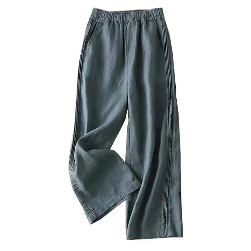 Pantaloni larghi da donna in cotone e lino con tasche, casual, tinta unita, con pieghe laterali , Buddha Stones - Image 13