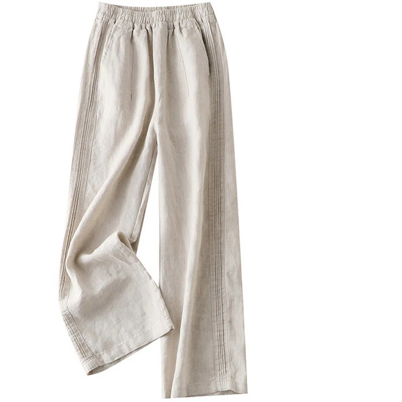 Pantaloni larghi da donna in cotone e lino con tasche, casual, tinta unita, con pieghe laterali , Buddha Stones - Image 7