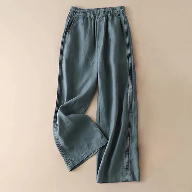 Pantaloni larghi da donna in cotone e lino con tasche, casual, tinta unita, con pieghe laterali , Buddha Stones - Image 8