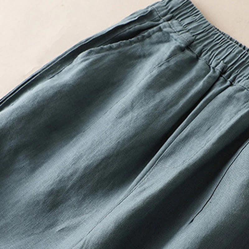 Pantaloni larghi da donna in cotone e lino con tasche, casual, tinta unita, con pieghe laterali , Buddha Stones - Image 9