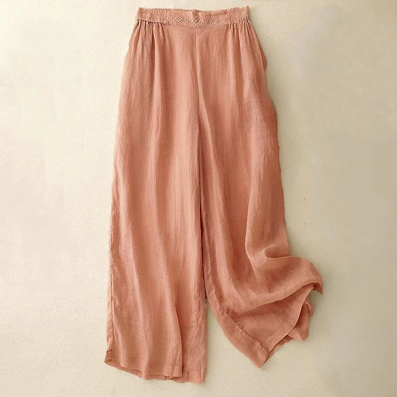 Pantaloni larghi da donna in cotone e lino con tasche, con elastico in vita e ricamo geometrico Buddha Stones