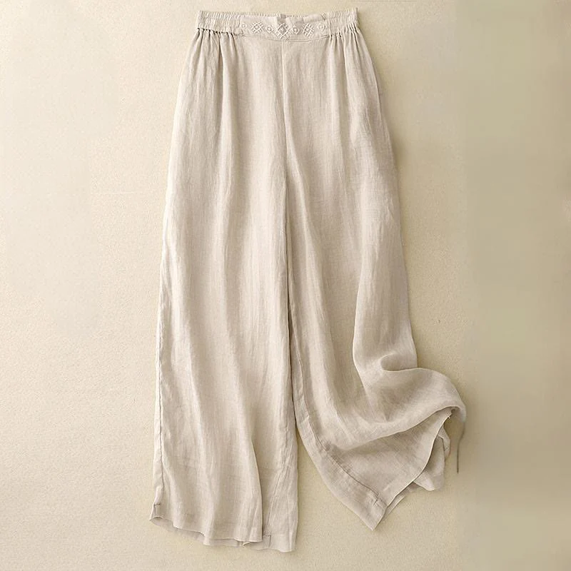 Pantaloni larghi da donna in cotone e lino con tasche, con elastico in vita e ricamo geometrico Buddha Stones - Image 12