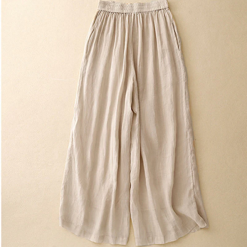 Pantaloni larghi da donna in cotone e lino con tasche, con elastico in vita e ricamo geometrico Buddha Stones - Image 13