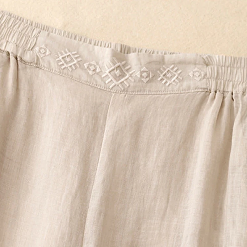 Pantaloni larghi da donna in cotone e lino con tasche, con elastico in vita e ricamo geometrico Buddha Stones - Image 14