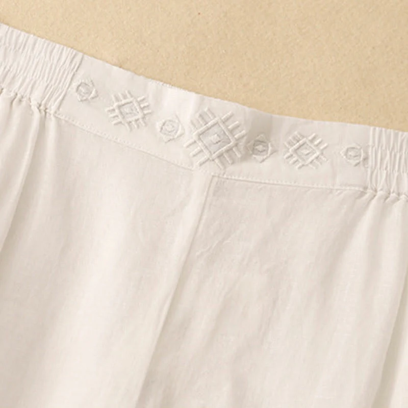 Pantaloni larghi da donna in cotone e lino con tasche, con elastico in vita e ricamo geometrico Buddha Stones - Image 22