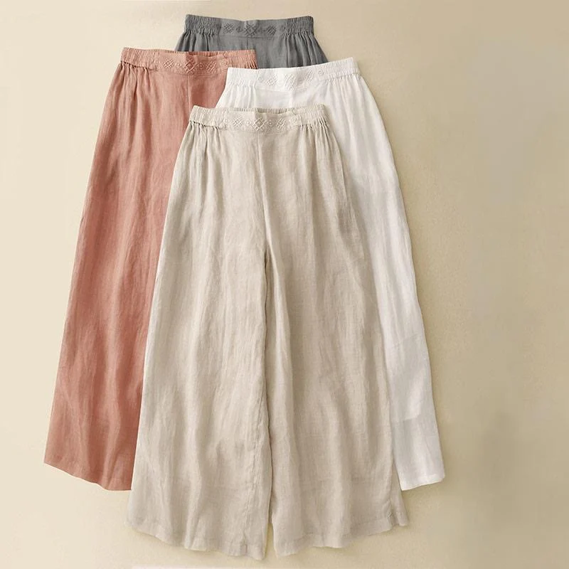 Pantaloni larghi da donna in cotone e lino con tasche, con elastico in vita e ricamo geometrico Buddha Stones - Image 26