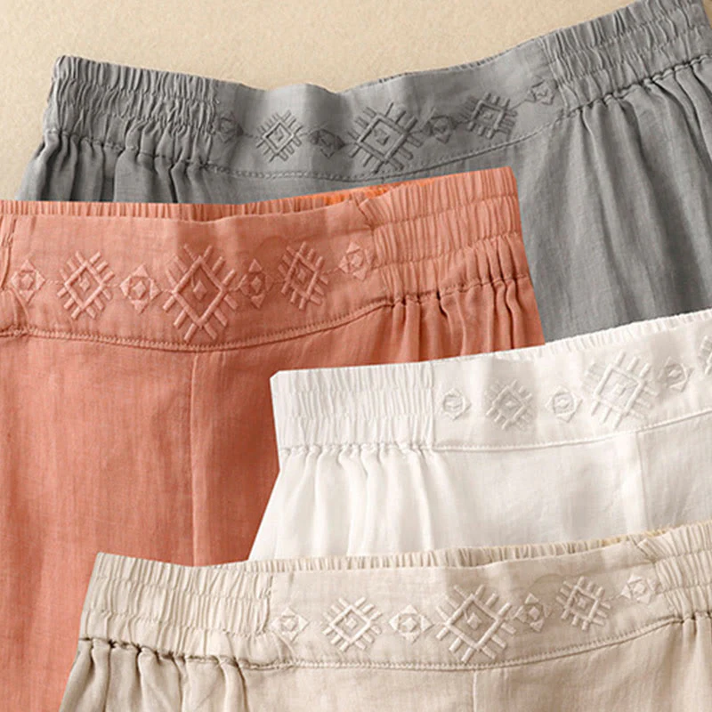 Pantaloni larghi da donna in cotone e lino con tasche, con elastico in vita e ricamo geometrico Buddha Stones - Image 27