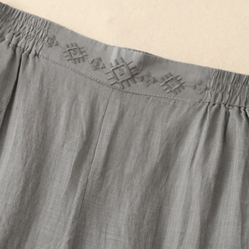 Pantaloni larghi da donna in cotone e lino con tasche, con elastico in vita e ricamo geometrico Buddha Stones - Image 8