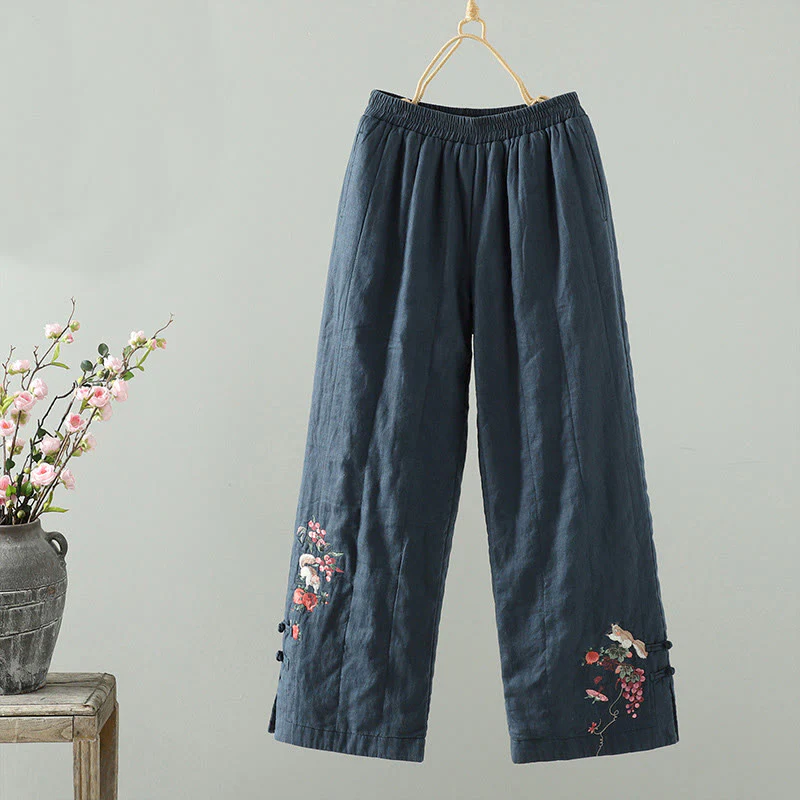 Pantaloni larghi da donna imbottiti con tasche, bottoni a forma di rana ricamati Buddha Stones - Image 2