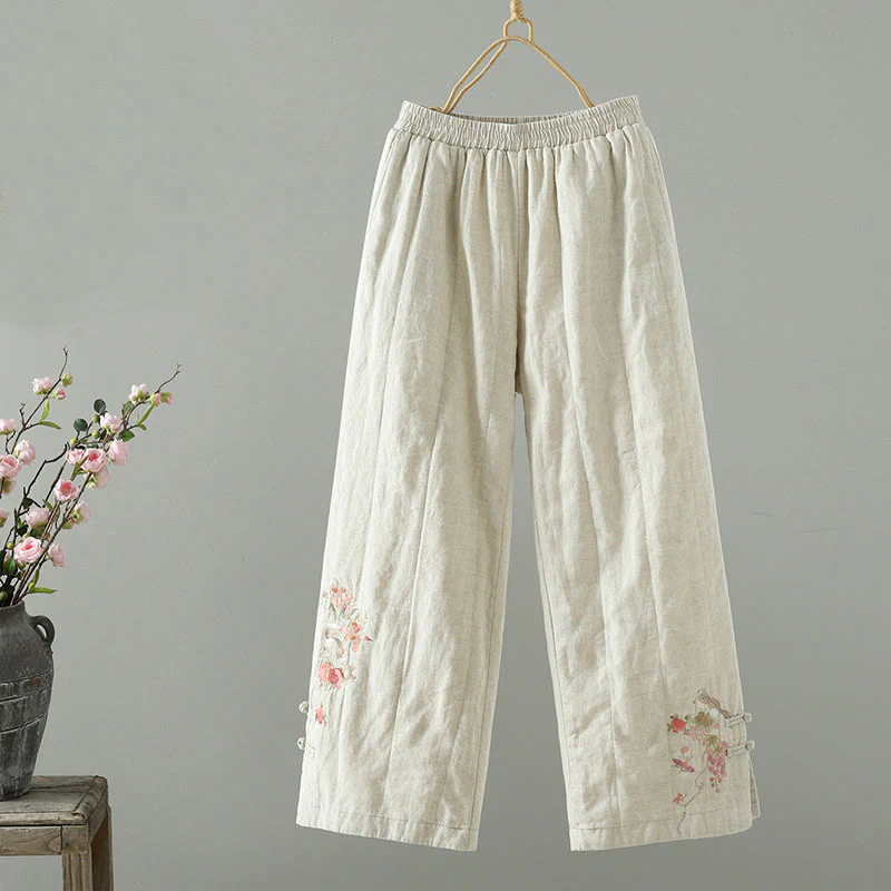 Pantaloni larghi da donna imbottiti con tasche, bottoni a forma di rana ricamati Buddha Stones - Image 7