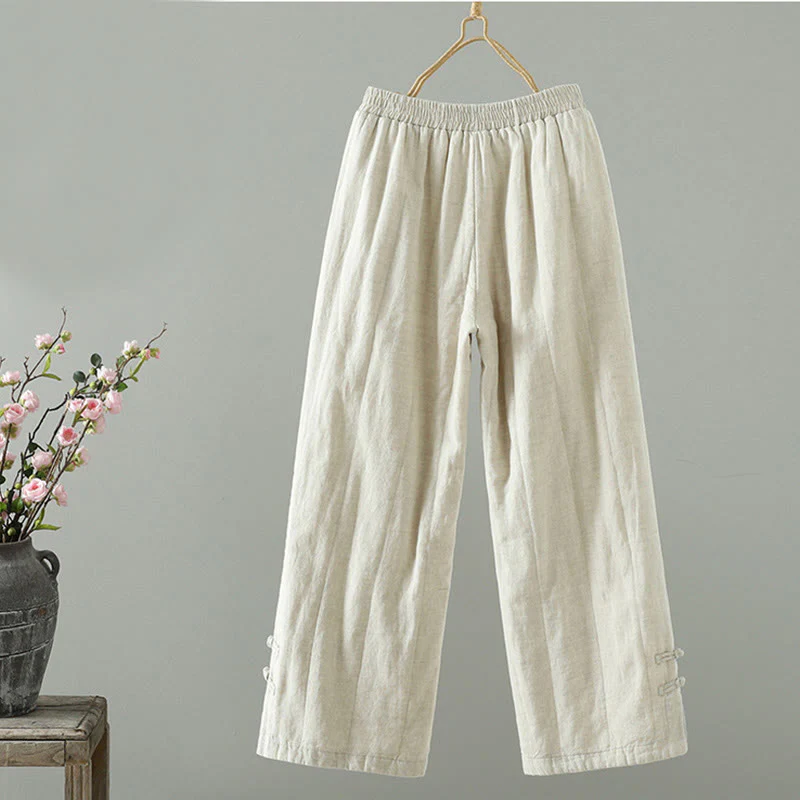 Pantaloni larghi da donna imbottiti con tasche, bottoni a forma di rana ricamati Buddha Stones - Image 8