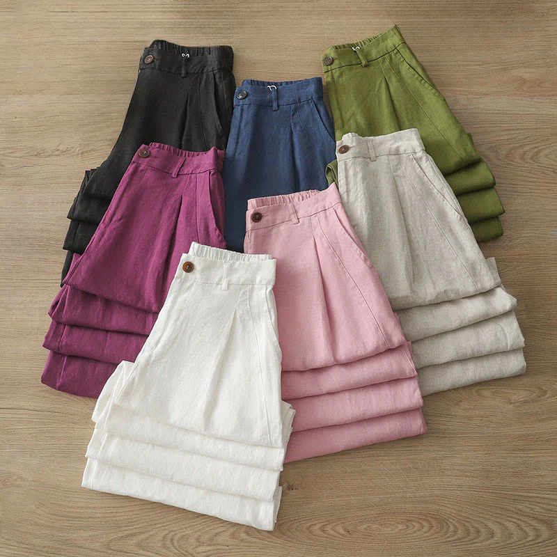 Pantaloni larghi da donna in cotone tinta unita con bottoni e tasche, modello Buddha Stones - Image 39