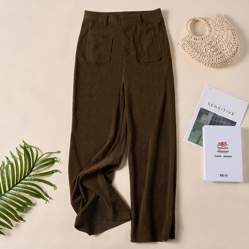 Pantaloni larghi da donna in velluto a coste semplice con bottoni e tasche, in poliestere, con Buddha Stones