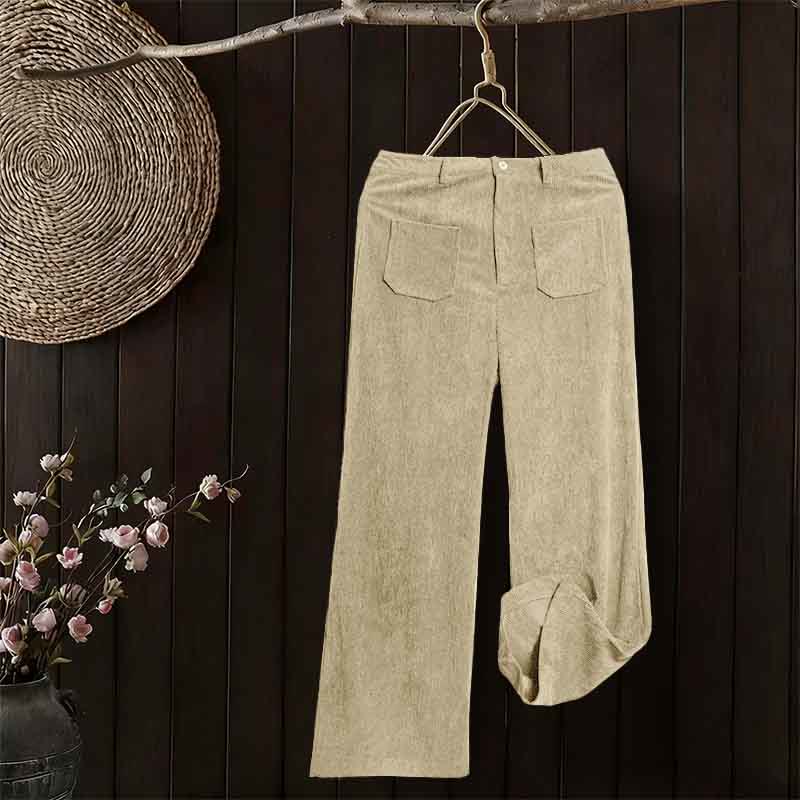 Pantaloni larghi da donna in velluto a coste semplice con bottoni e tasche, in poliestere, con Buddha Stones - Image 13