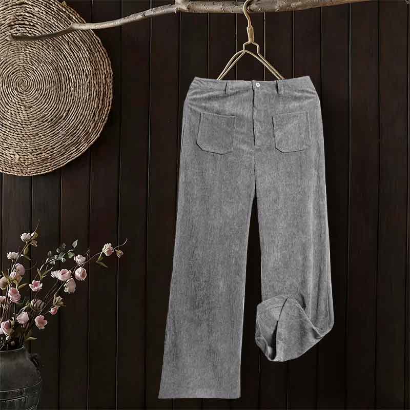 Pantaloni larghi da donna in velluto a coste semplice con bottoni e tasche, in poliestere, con Buddha Stones - Image 15