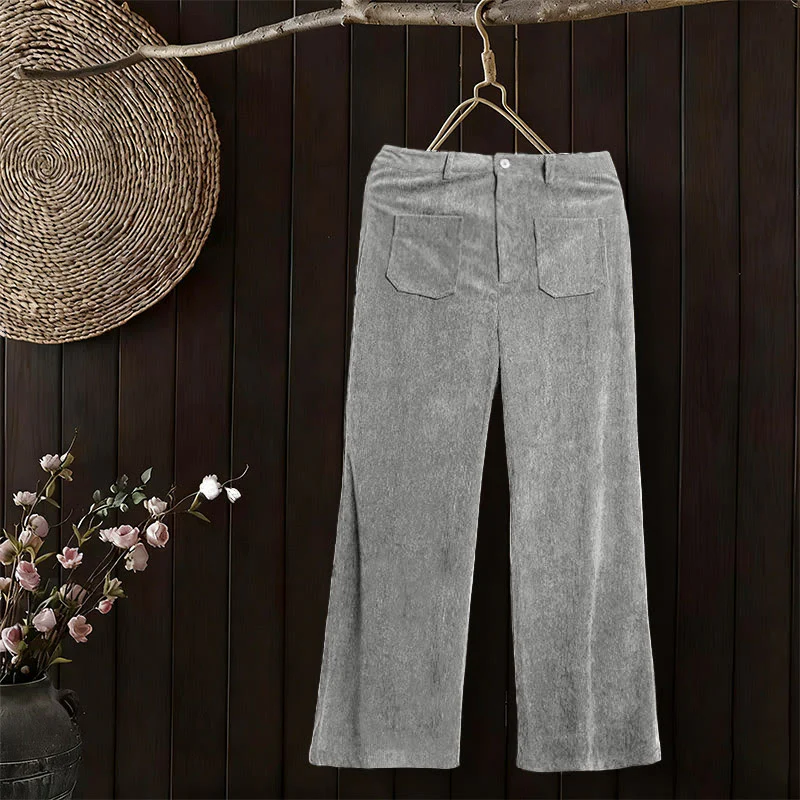 Pantaloni larghi da donna in velluto a coste semplice con bottoni e tasche, in poliestere, con Buddha Stones - Image 17
