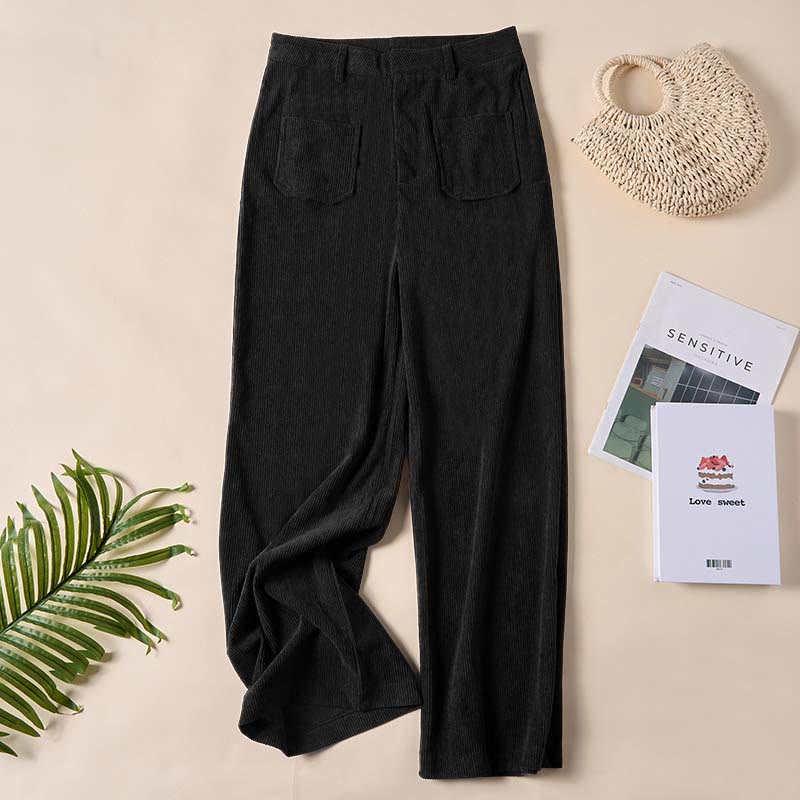 Pantaloni larghi da donna in velluto a coste semplice con bottoni e tasche, in poliestere, con Buddha Stones - Image 22