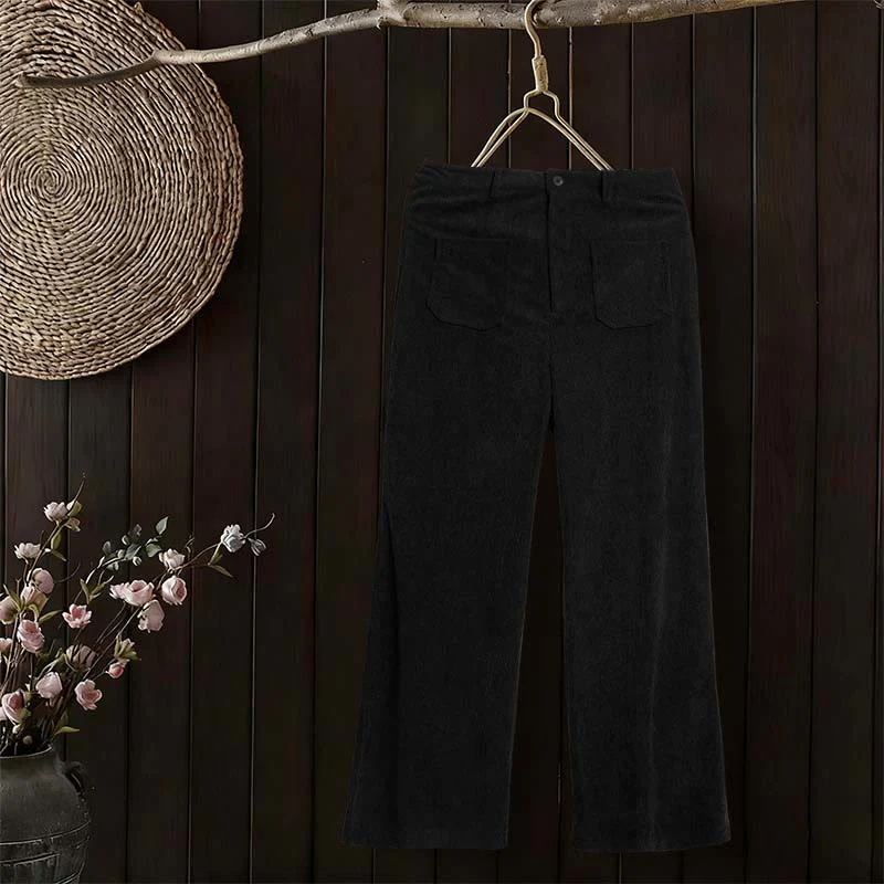 Pantaloni larghi da donna in velluto a coste semplice con bottoni e tasche, in poliestere, con Buddha Stones - Image 26