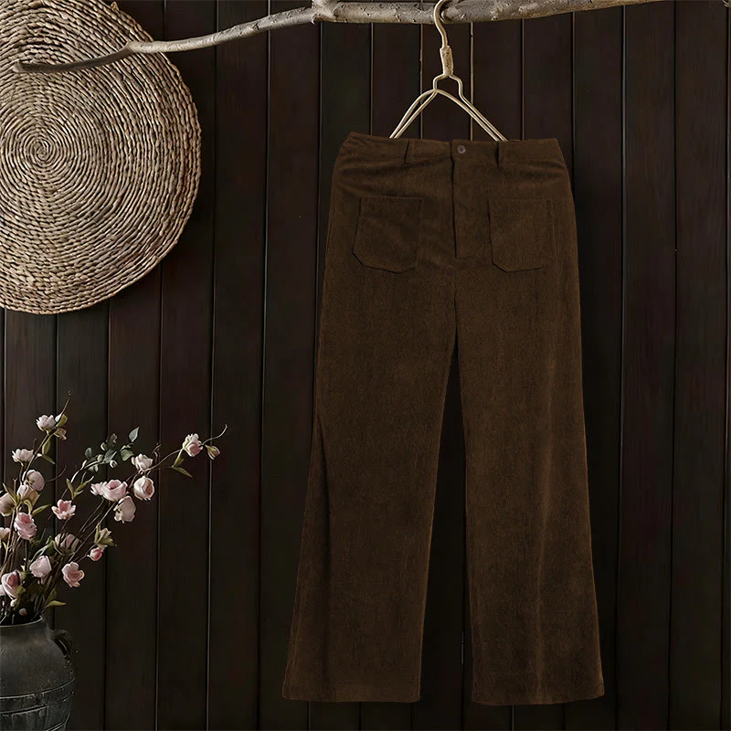 Pantaloni larghi da donna in velluto a coste semplice con bottoni e tasche, in poliestere, con Buddha Stones - Image 6
