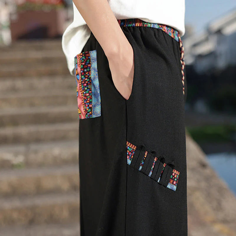 Pantaloni larghi da uomo in cotone con coulisse e tasche, motivo patchwork bohémien con Buddha Stones - Image 13