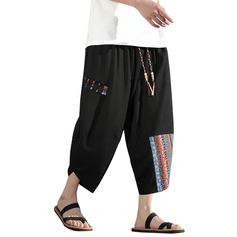 Pantaloni larghi da uomo in cotone con coulisse e tasche, motivo patchwork bohémien con Buddha Stones - Image 14