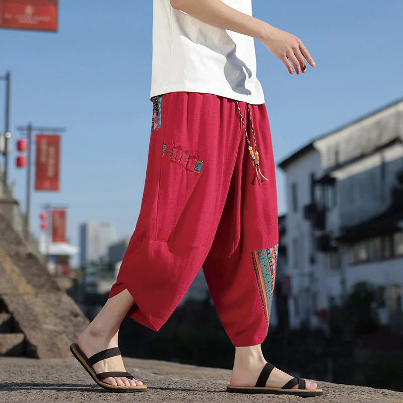 Pantaloni larghi da uomo in cotone con coulisse e tasche, motivo patchwork bohémien con Buddha Stones - Image 15