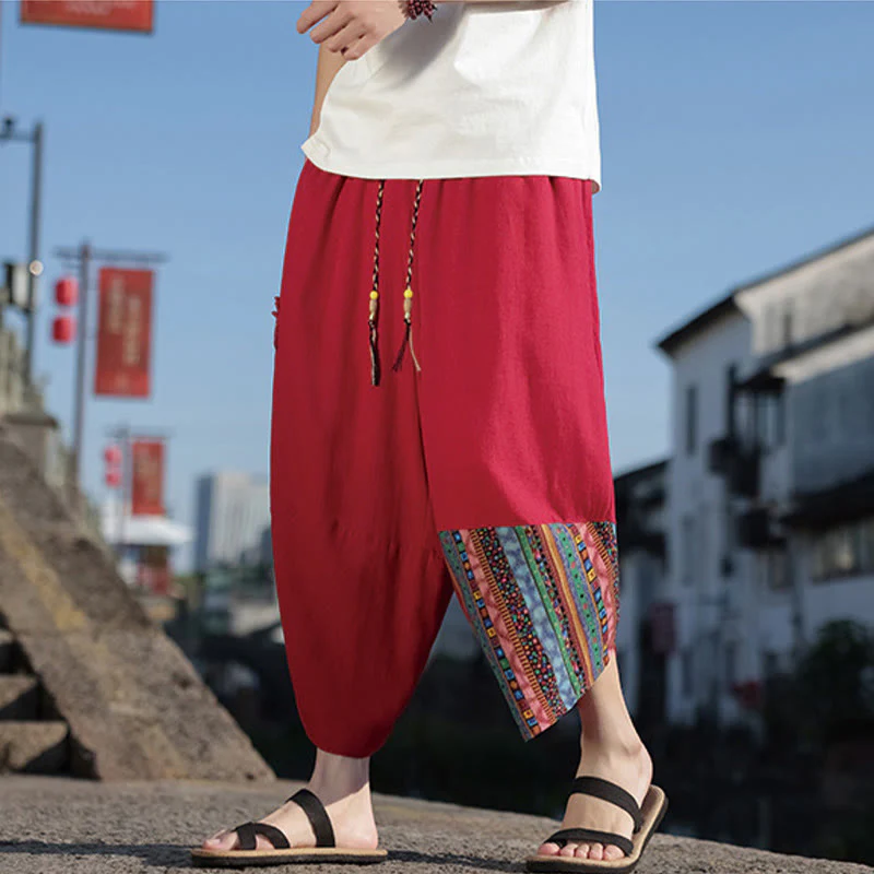 Pantaloni larghi da uomo in cotone con coulisse e tasche, motivo patchwork bohémien con Buddha Stones - Image 16