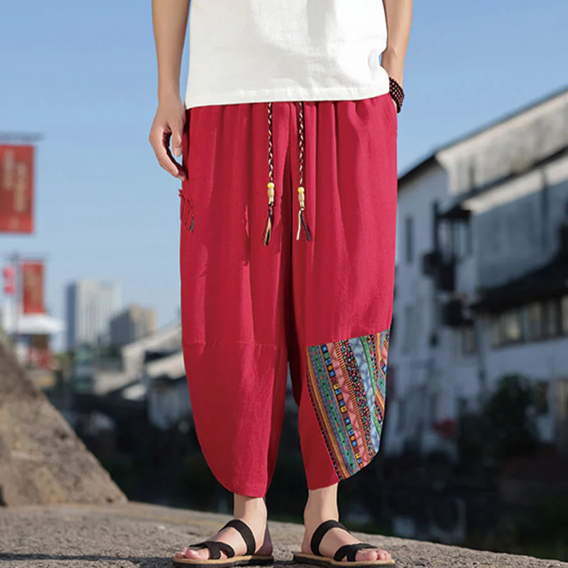 Pantaloni larghi da uomo in cotone con coulisse e tasche, motivo patchwork bohémien con Buddha Stones - Image 17
