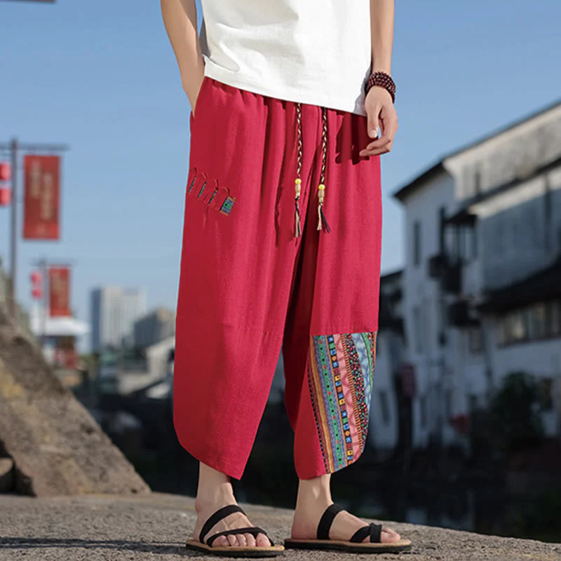 Pantaloni larghi da uomo in cotone con coulisse e tasche, motivo patchwork bohémien con Buddha Stones - Image 18