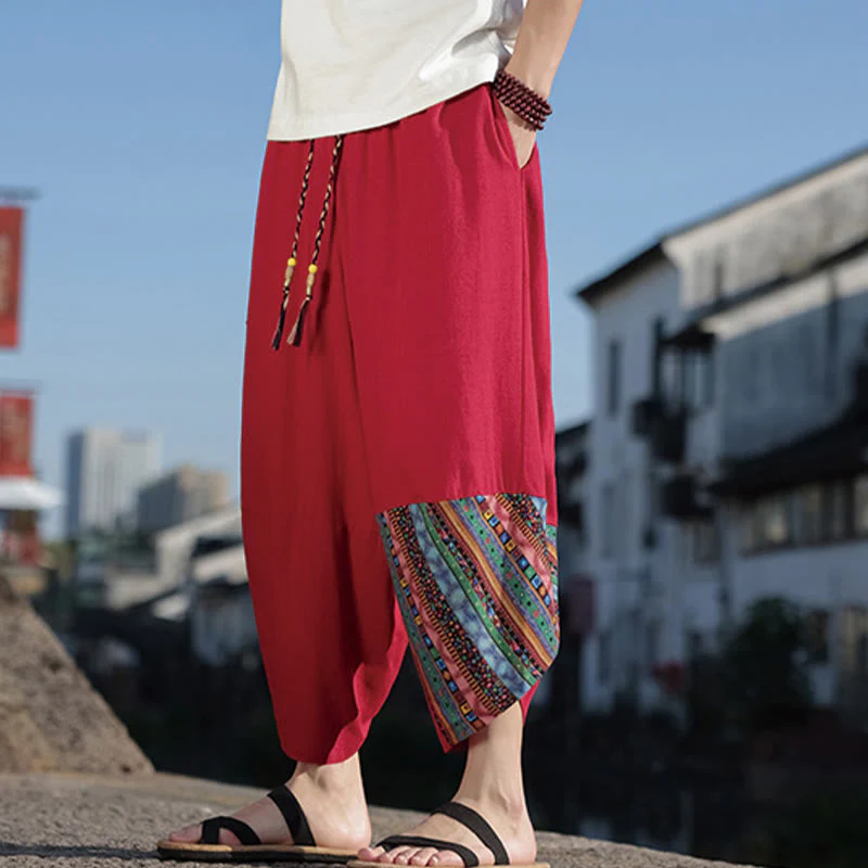 Pantaloni larghi da uomo in cotone con coulisse e tasche, motivo patchwork bohémien con Buddha Stones - Image 19
