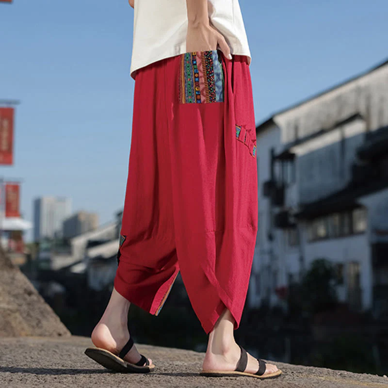 Pantaloni larghi da uomo in cotone con coulisse e tasche, motivo patchwork bohémien con Buddha Stones - Image 20