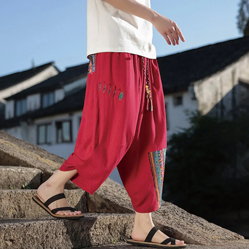 Pantaloni larghi da uomo in cotone con coulisse e tasche, motivo patchwork bohémien con Buddha Stones - Image 21