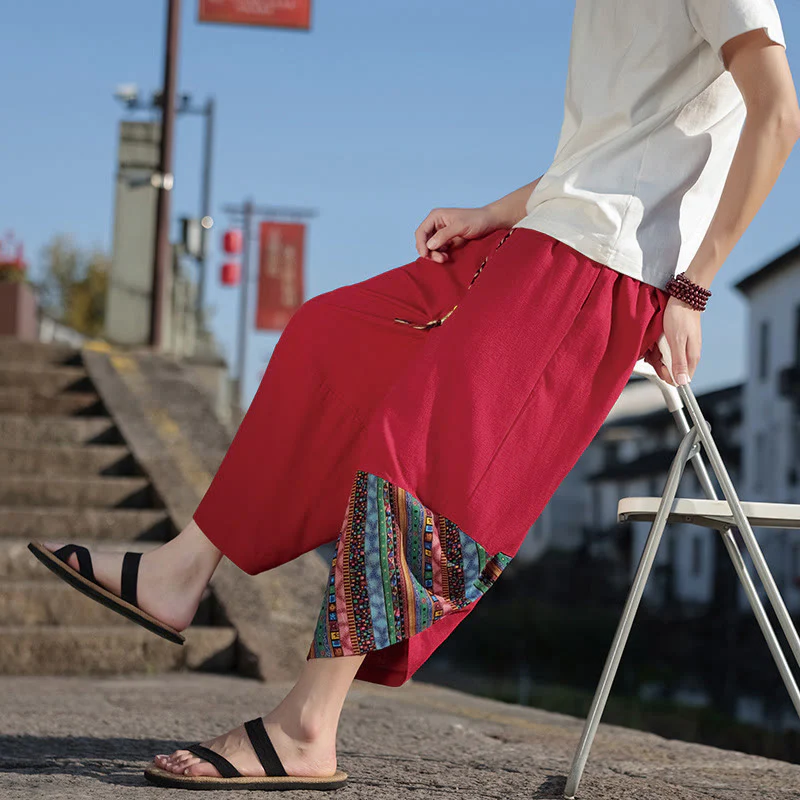 Pantaloni larghi da uomo in cotone con coulisse e tasche, motivo patchwork bohémien con Buddha Stones - Image 22
