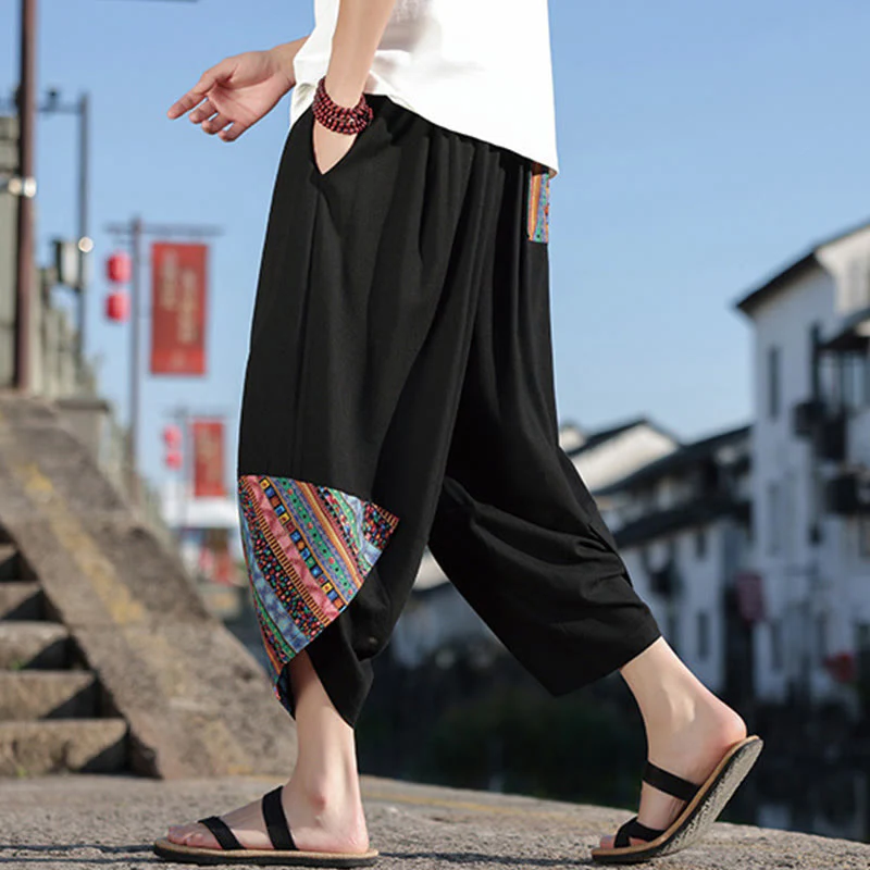 Pantaloni larghi da uomo in cotone con coulisse e tasche, motivo patchwork bohémien con Buddha Stones - Image 6