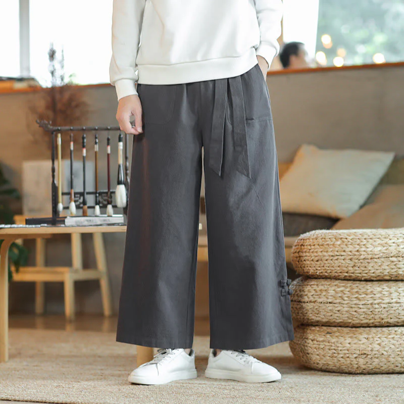 Pantaloni larghi da uomo in cotone con tasche, coulisse, bottoni cinesi e rana, modello Buddha Stones Fall - Image 2